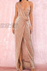 Hnewly - Sexy Elegant Solid Sequins V Neck One Step Skirt Dresses Gold / S Dresses/Party And